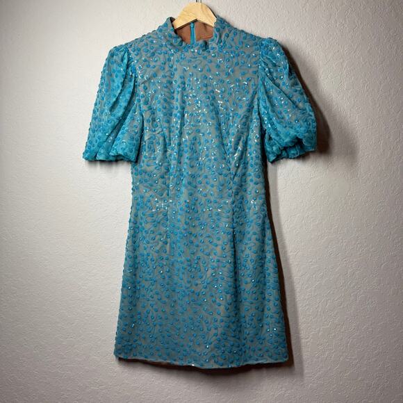 Queen of Sparkles Turquoise Blue Sequin Short Sleeve Dress Size Small - Picture 1 of 9